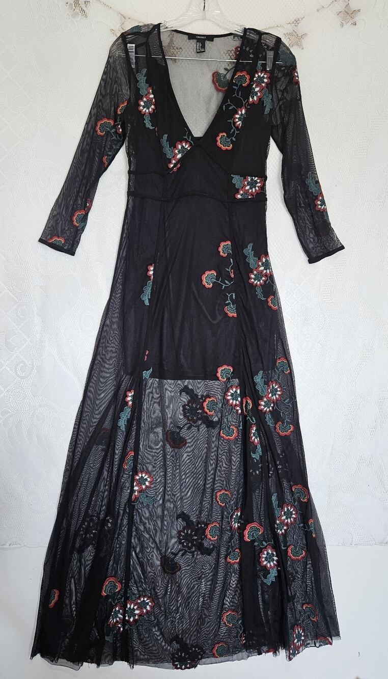 Semi Sheer Small Black Overlay Floral Embroidered Maxi Dress Fairy Grunge Hippie